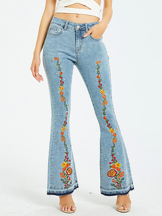 Stylish Exquisite Embroidered Slim-fit Flared Jeans