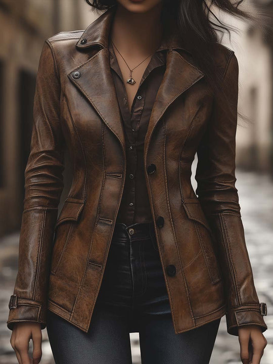 Women's Vintage Lapel Pocket Leather Jacket