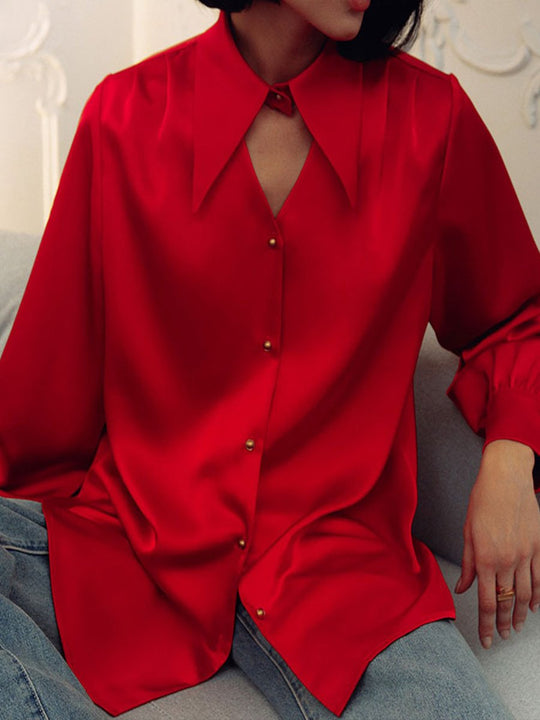 Temperament Lapel Satin Long-sleeved Shirt