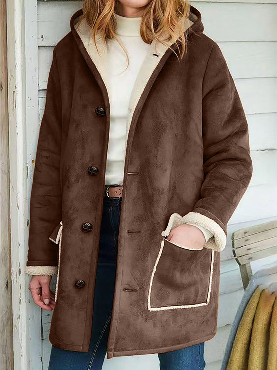 Women's Solid Color Vintage Suede Plush Hooded Jacket