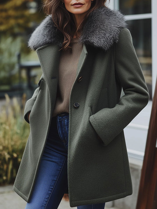 Casual Fur Collar Mid-length Wool Coat (fur collar detachable)