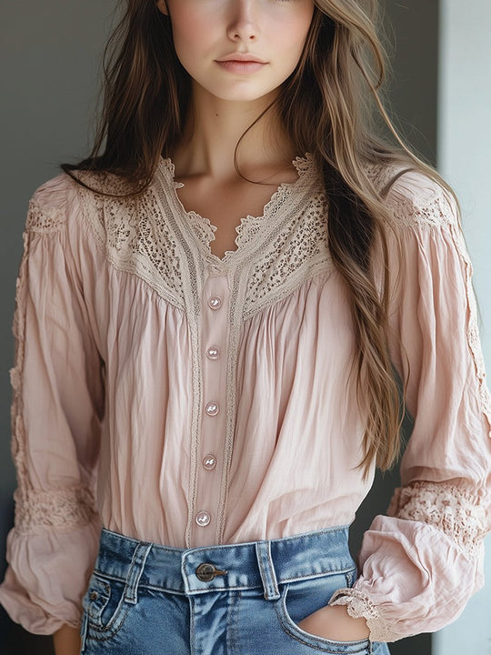 Romantic Blush Lace-Trimmed with Button Details Blouse