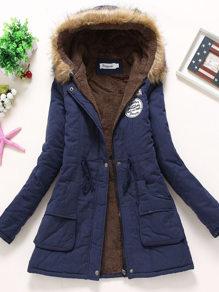 Casual Fur Collar Lambskin Plus Velvet Thickened Loose Mid-length Cotton Coat