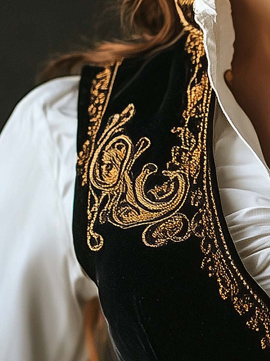 Women's Vintage Suede Gold Embroidered Vest