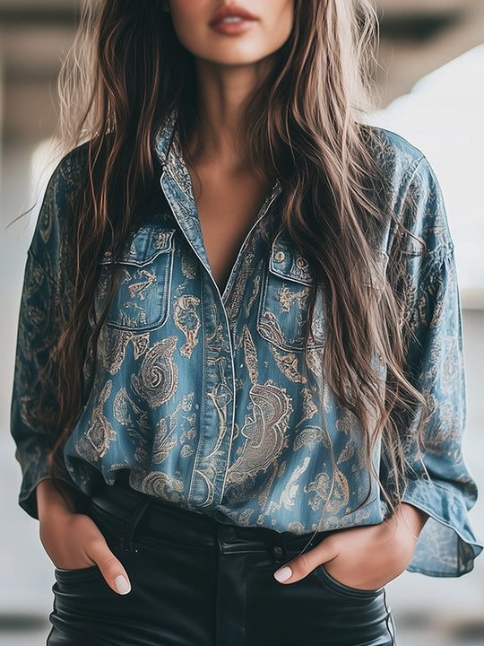 Casual Vintage Perris Print Denim Shirt