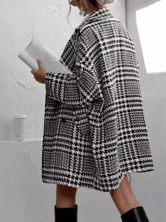 Thickened Plaid Mid-length Wool Coat with Lining