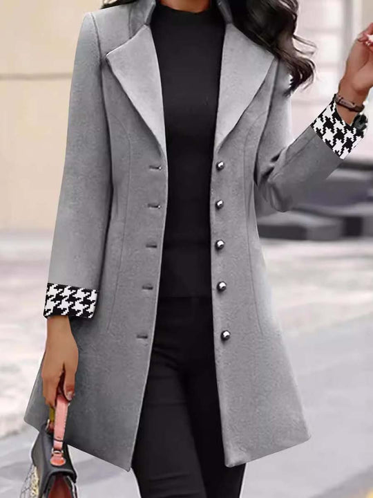 Women's Slim Fit Houndstooth Cuff Woolen Coat