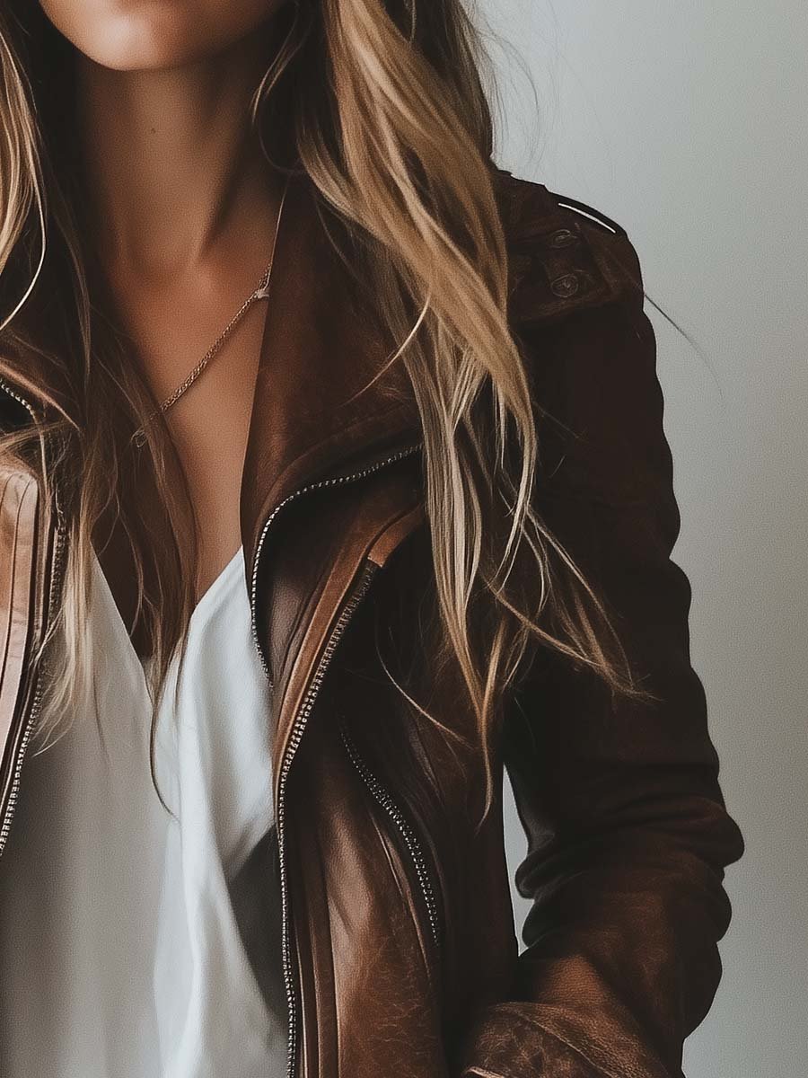 Women's Vintage Lapel Zipper Leather Jacket