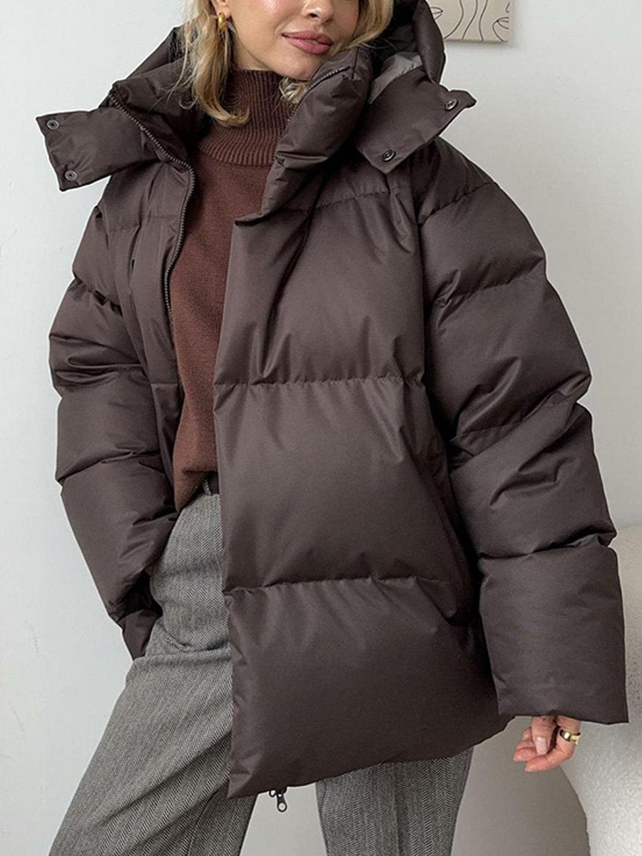 Fashionable Hooded Solid Color Warm Cotton Jacket