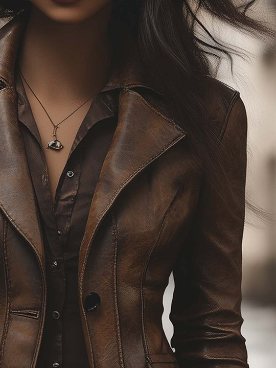 Women's Vintage Lapel Pocket Leather Jacket