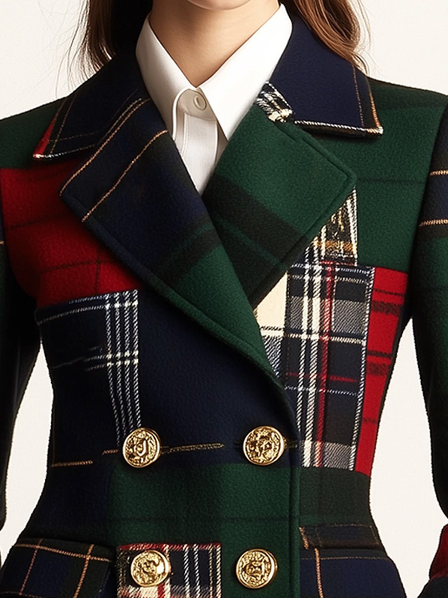 Casual Lapel Plaid Double-breasted Woolen Coat