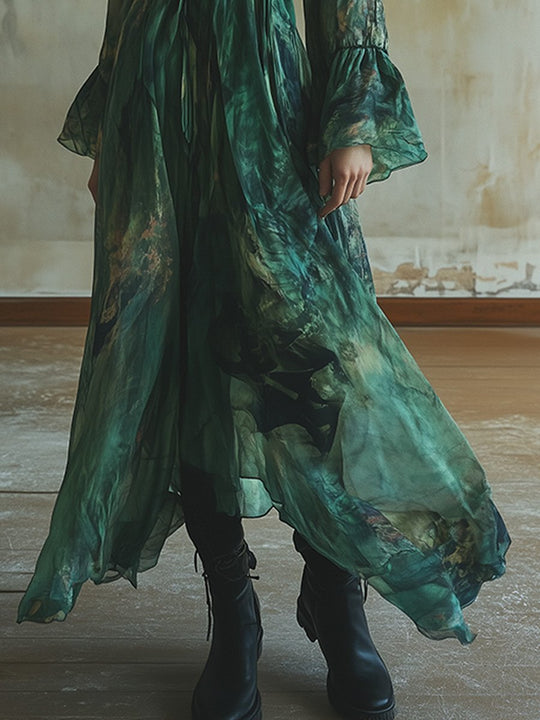 Elegant Green Satin Dress with Black Lace Sleeves