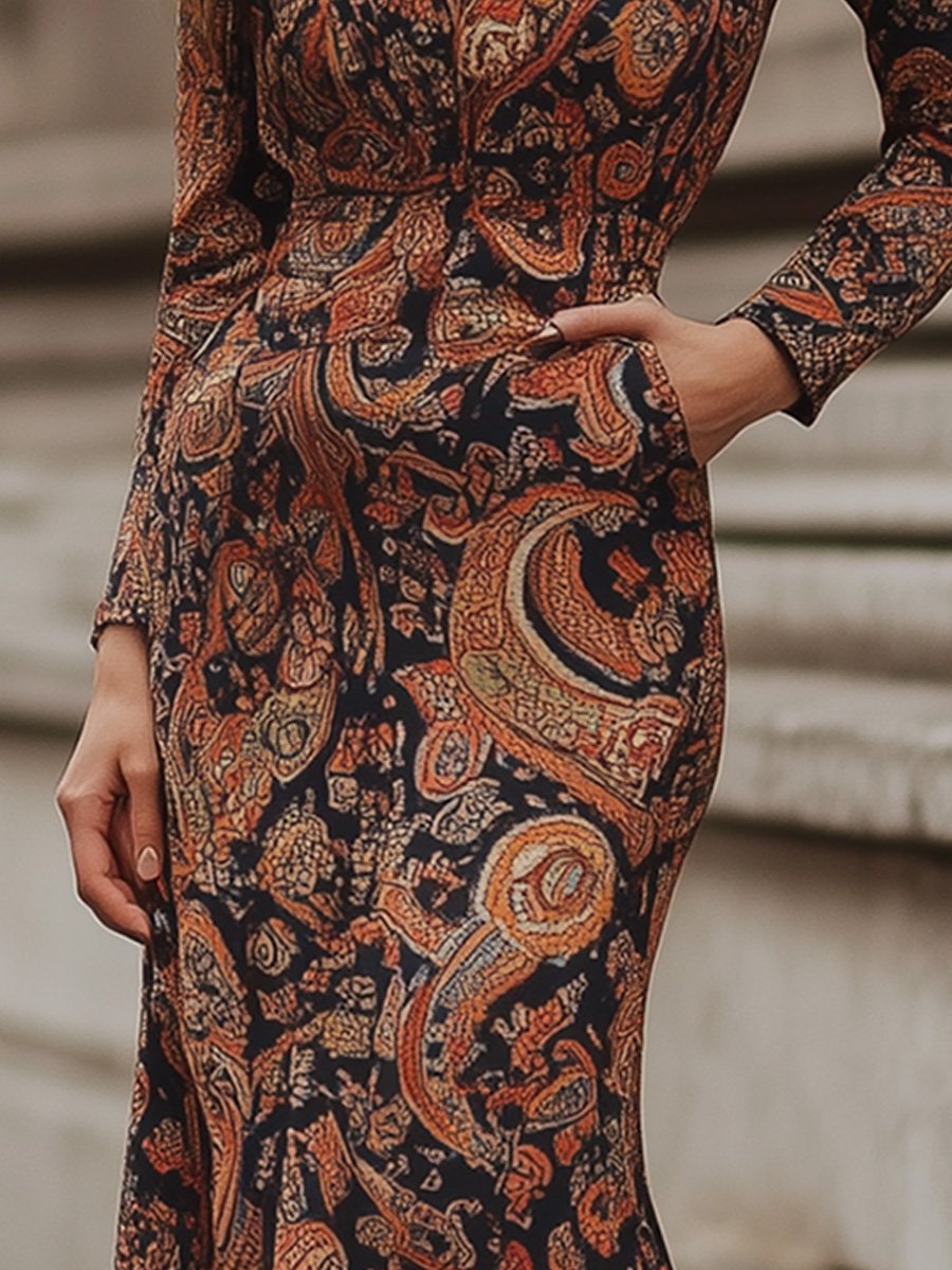 Women's Retro Print Round Neck Slim Fit Long Sleeve Maxi Dress