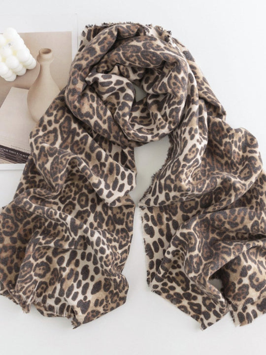 Ethnic Leopard Print Short Tassel Woven Cashmere Brushed Scarf