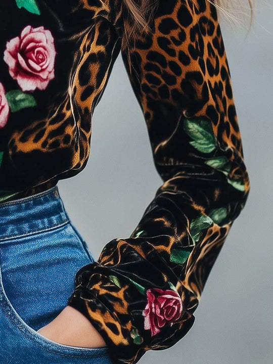 Leopard Floral Print Velvet Blouse