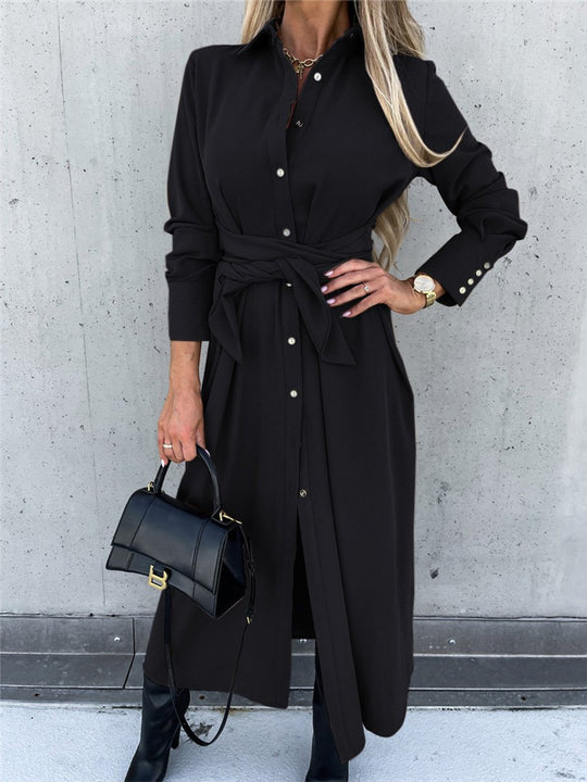 Solid Color Cardigan Long Sleeve Swing Maxi Dress