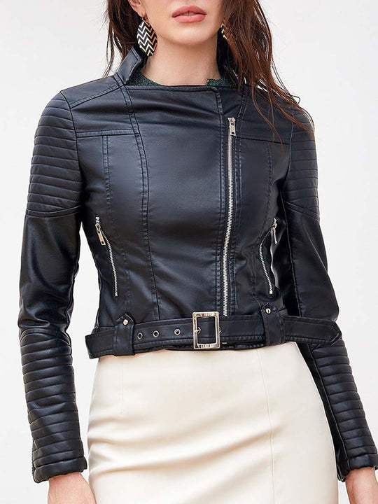 Women's Zippered Lapel Belt Leather Jacket Biker