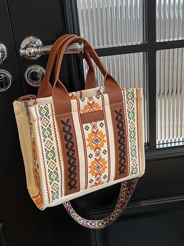 Vintage Cotton and Linen Printed Bohemian Handheld Tote Bag