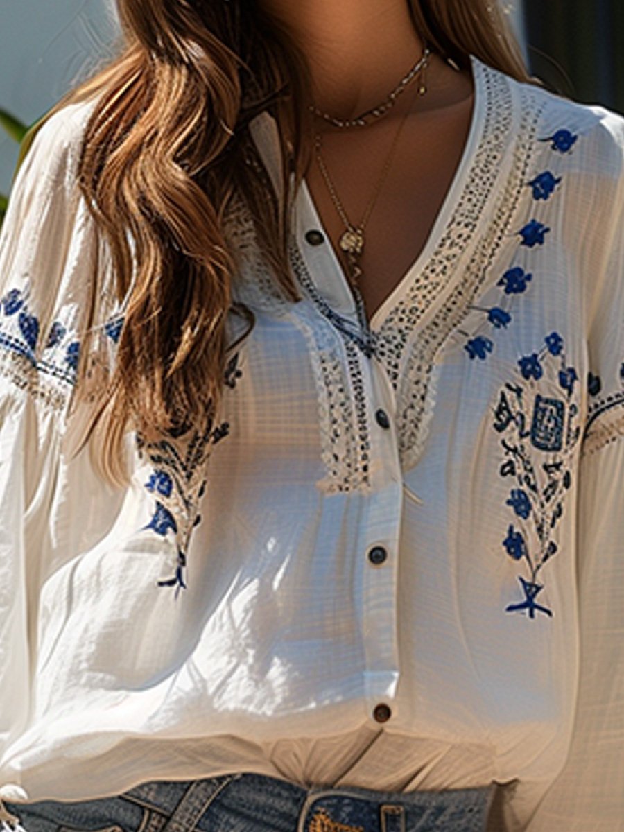 V-neck Cotton and Linen Embroidery Stitching Hollow Top