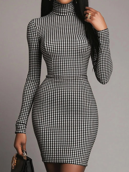 Vintage High Neck Houndstooth Long Sleeve Bodycon Dress