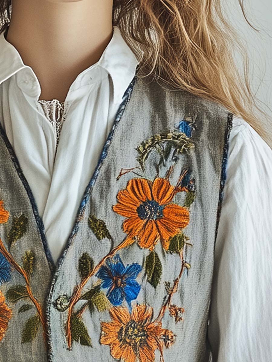 Rustic Floral Embroidered Button-Up Line Vest