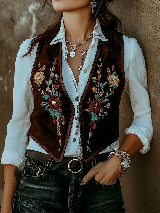 Western Style Flower Embroidery Suede Waistcoat