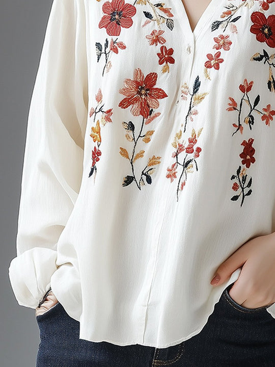 Elegant Floral Embroidered V-Neck Cotton and Linen Blouse