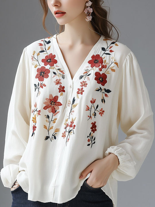 Elegant Floral Embroidered V-Neck Cotton and Linen Blouse