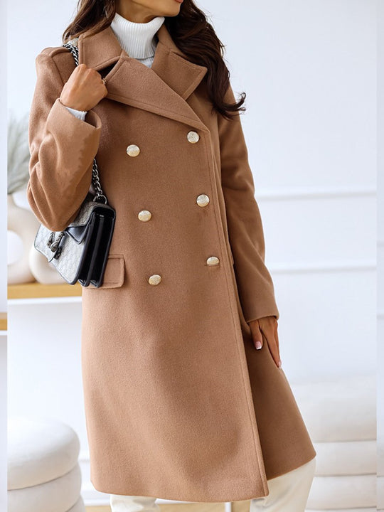 Lapel Double-breasted Simple Long-sleeved Woolen Coat