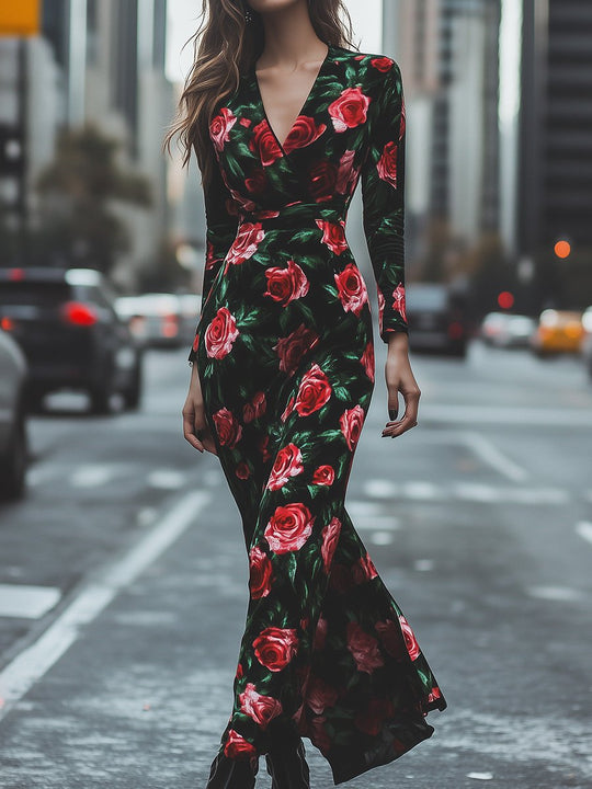 V-neck Slim-fit Retro Rose Print Maxi Dress