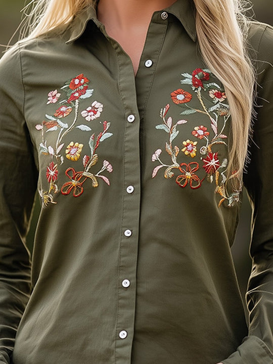 Casual Retro Floral Embroidery Distressed Washed Work Shirt