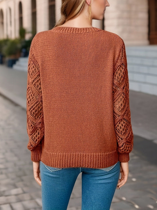 Hollow Jacquard Knit Long Sleeve V-Neck Bottoming Sweater