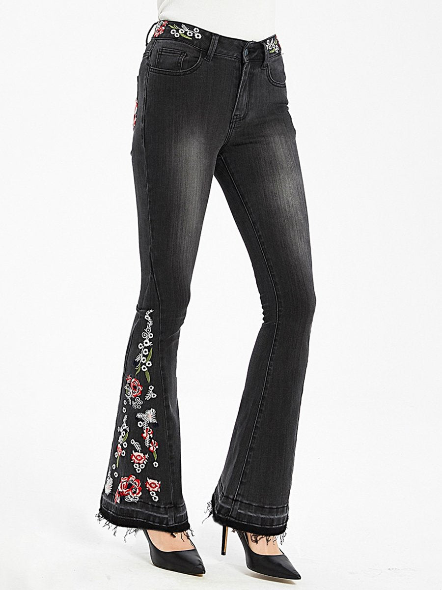 Elegant Embroidered Slim-fit Stretch Denim Flared Pants