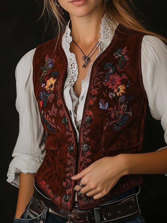 Women's Embroidered Trim Suede Vest