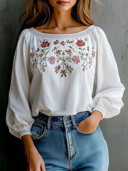 Boho Round Neck Lace Trim Embroidery Blouse