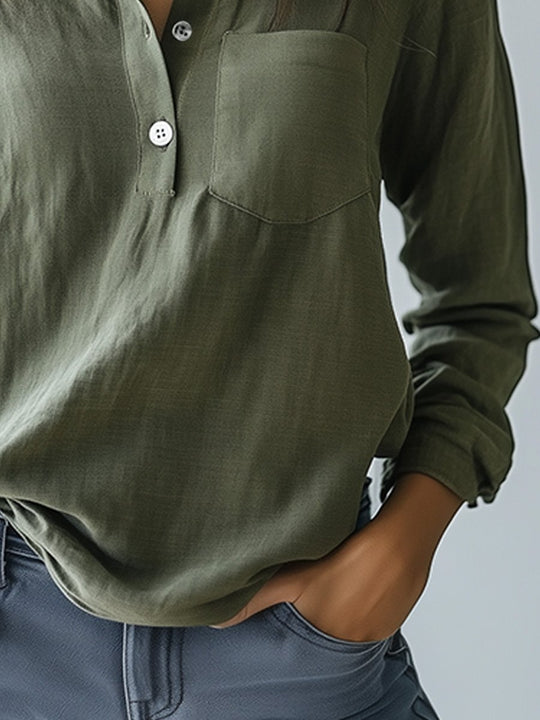 Green V-neck Cotton and Linen Pocket Everyday Long-sleeved Shirt