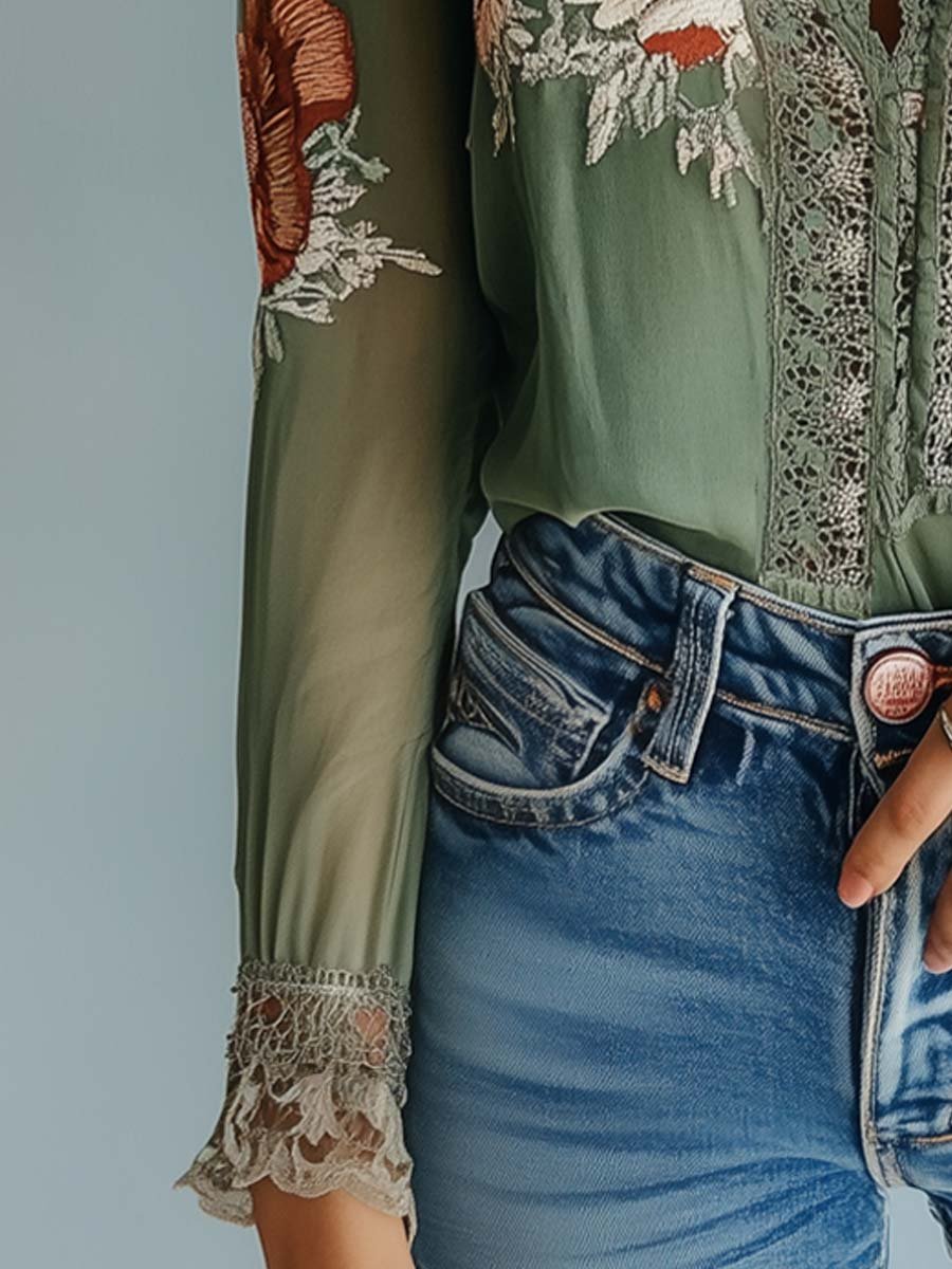 Bohemian Floral Printed Lace Blouse