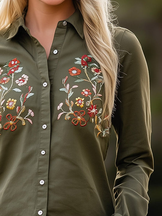 Casual Retro Floral Embroidery Distressed Washed Work Shirt