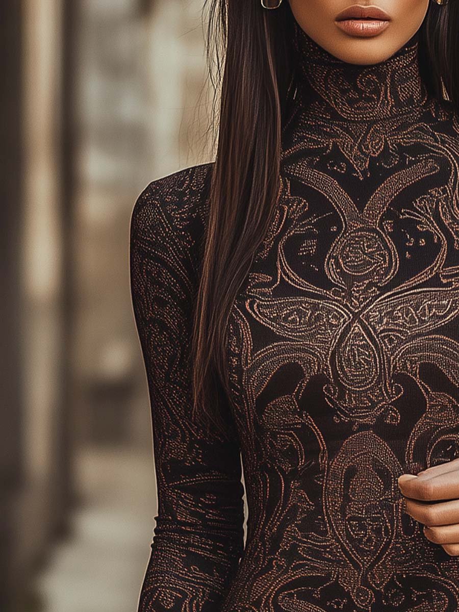 Women's Vintage High Collar Long Sleeve Paisley Bodycon Dress