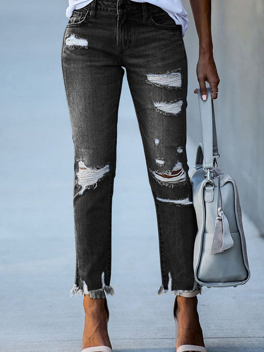 Washed Distressed Fringe Slim-fit High-stretch Jeans