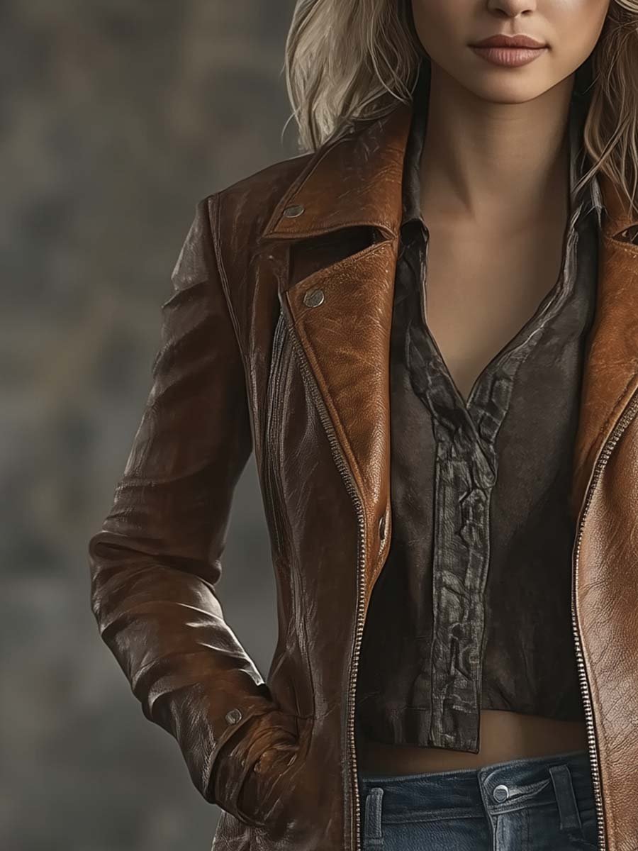 Women's Vintage Contrast Zipper Long Leather Jacket