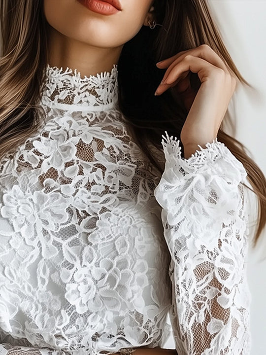 Elegant White Lace Blouse with High-Neck Design