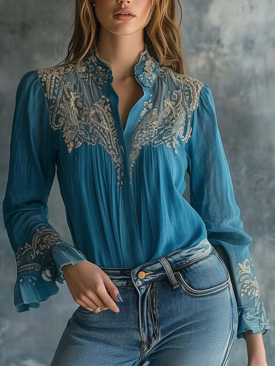 Enchanting Elegance Turquoise Embroidered Blouse