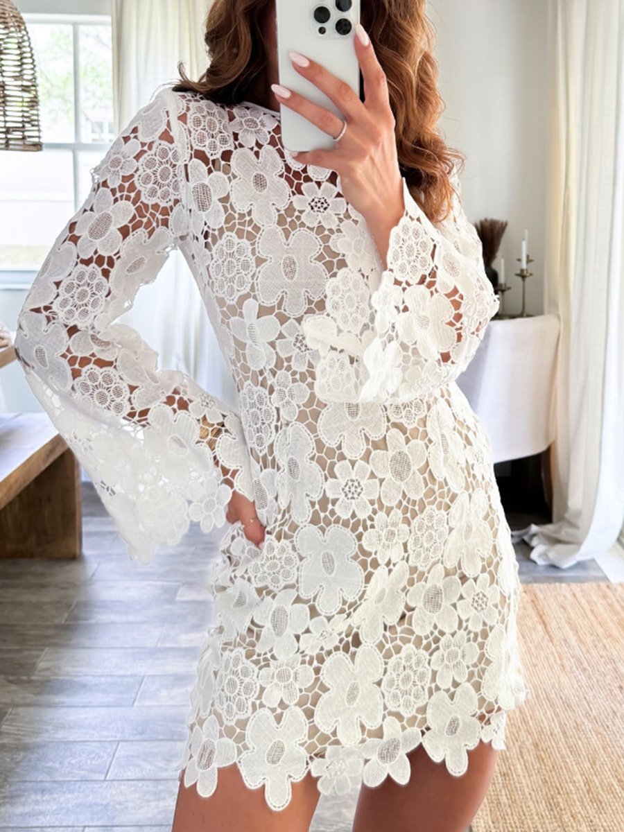 Fashion Round Neck Lace Flower Double Layer Long Sleeve Hollow Dress