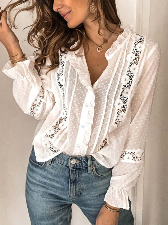 Women's Cotton Trumpet Sleeve Lace Blouse