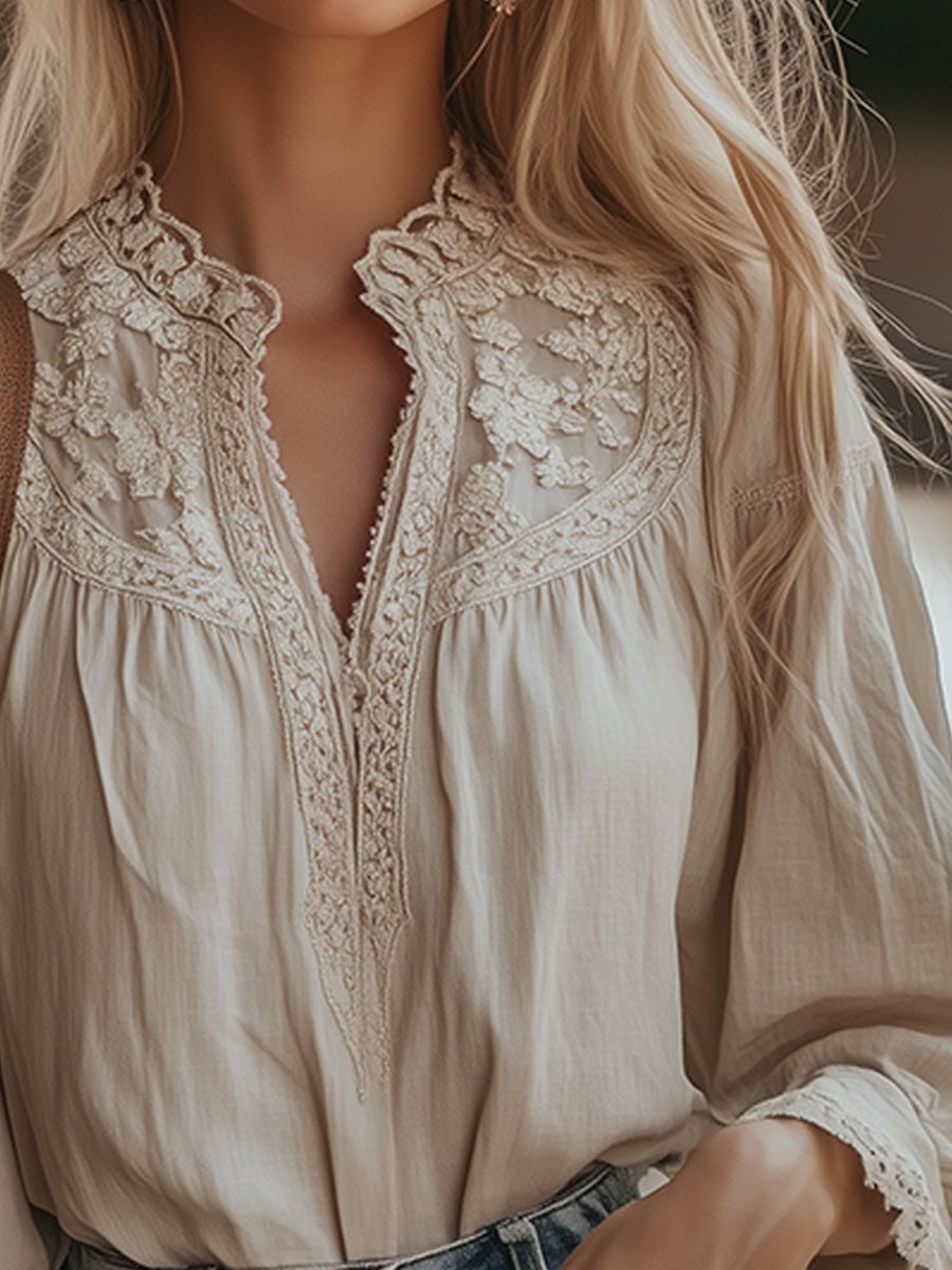 Vintage-Inspired Lace Embroidered Blouse with High Neck