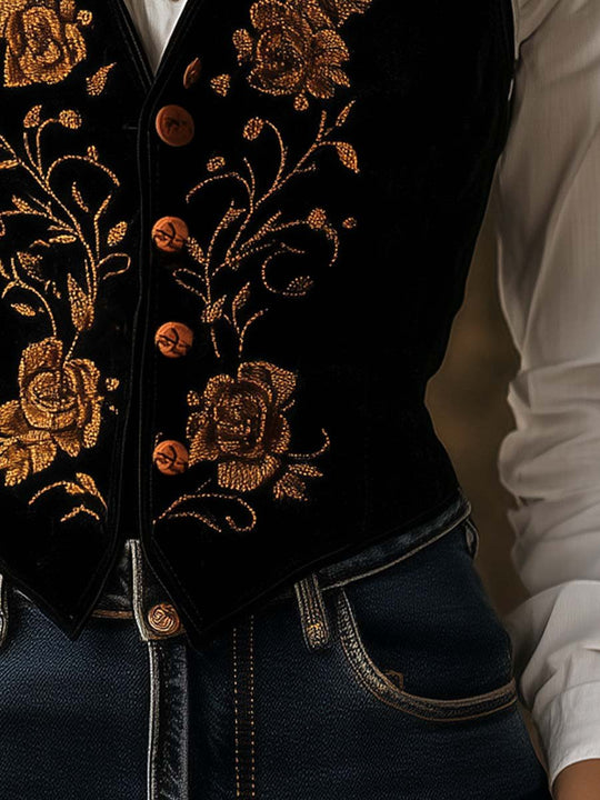 Vintage Gold Embroidered Slim Fit Suede Vest