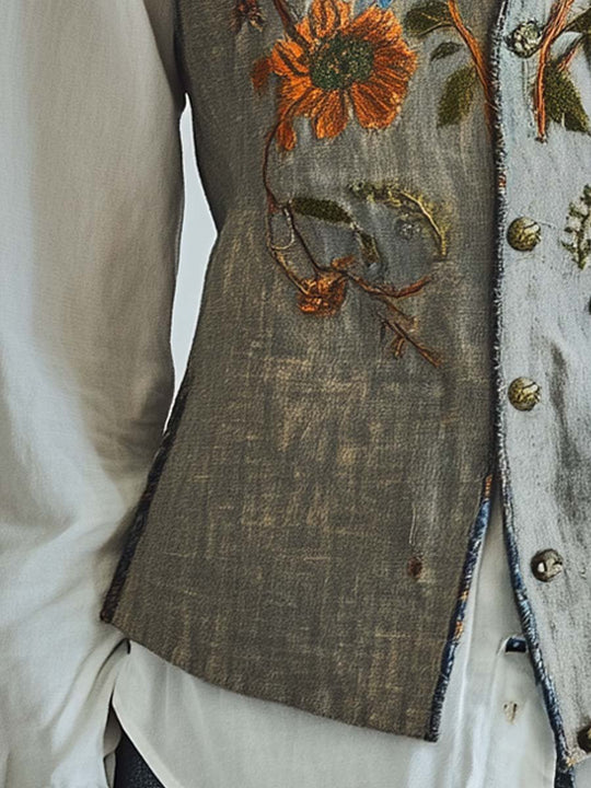 Rustic Floral Embroidered Button-Up Line Vest