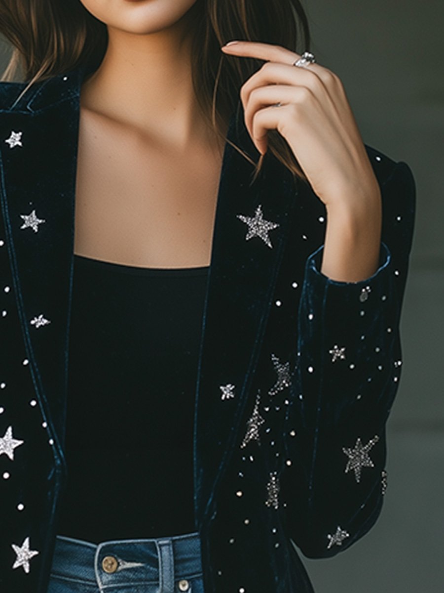 Fashion Retro Blue Velvet Star Print Blazer