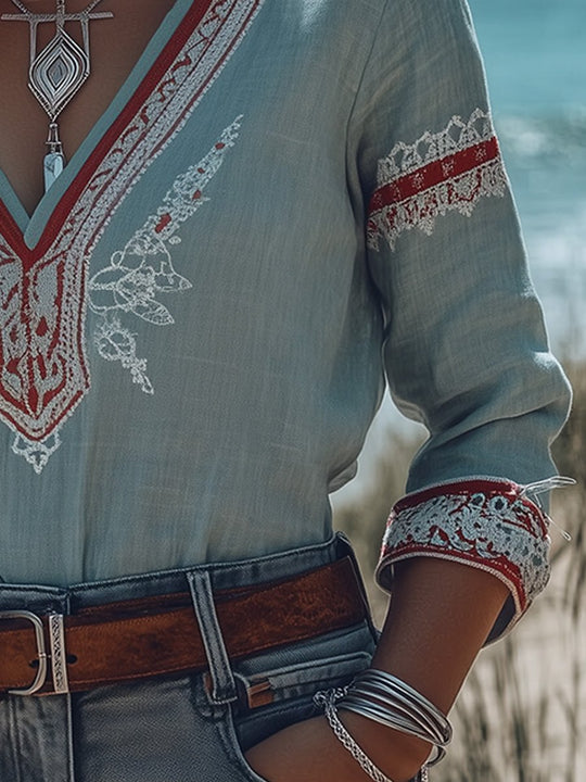 Embroidered Boho V-Neck Blouse